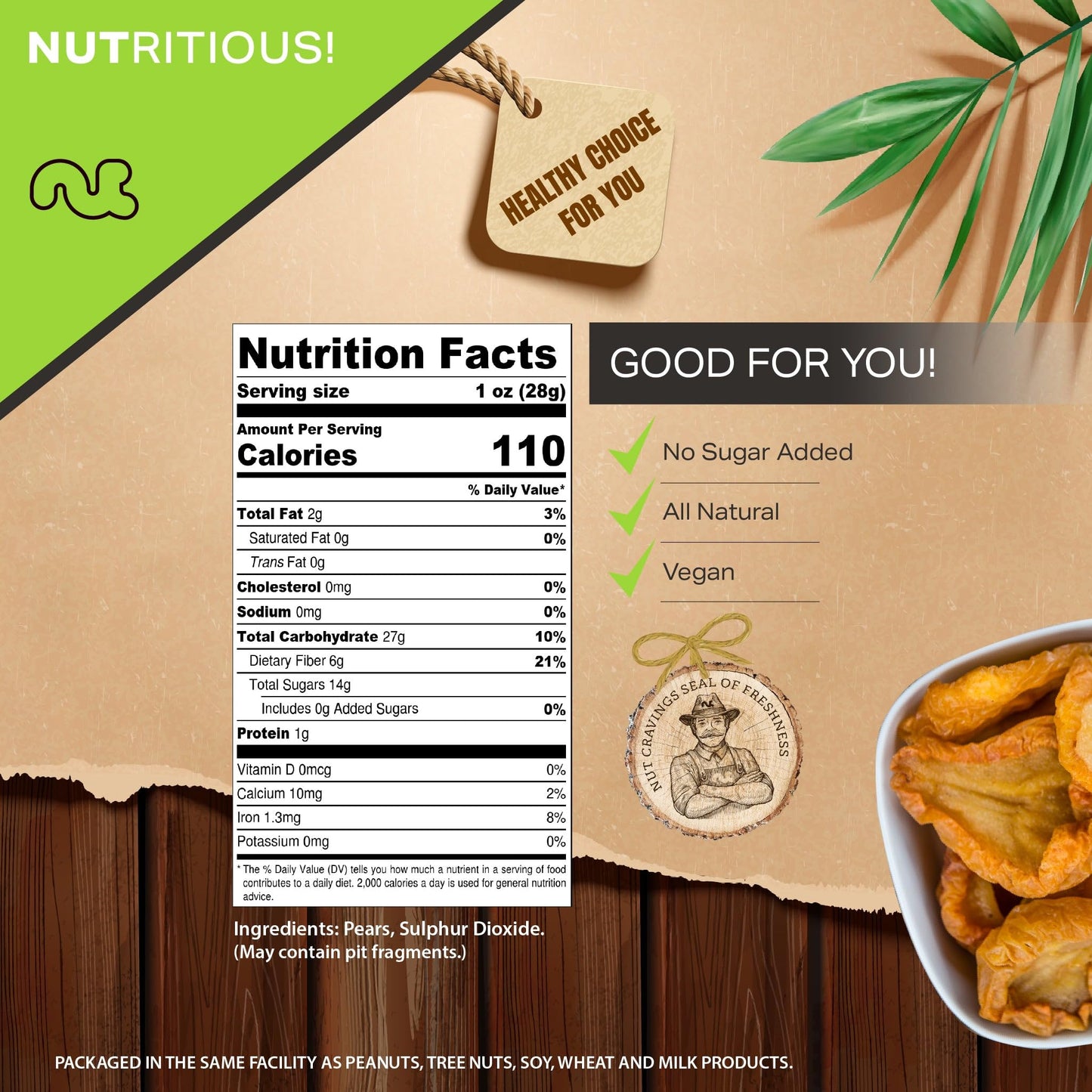 NUT CRAVINGS Dry Fruits - Sun Dried California Pears, No Sugar Added (48oz - 3 LB, Bulk) Packed Fresh in Resealable Bag - Sweet