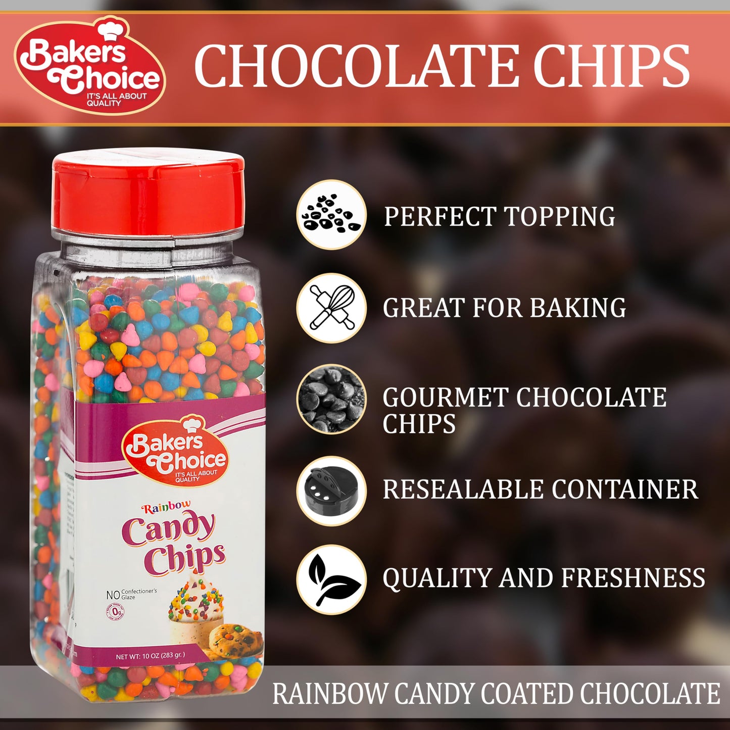 Rainbow Candy Coated Chocolate Chips - Dairy Free, Kosher - 10 oz. - Bakers Choice