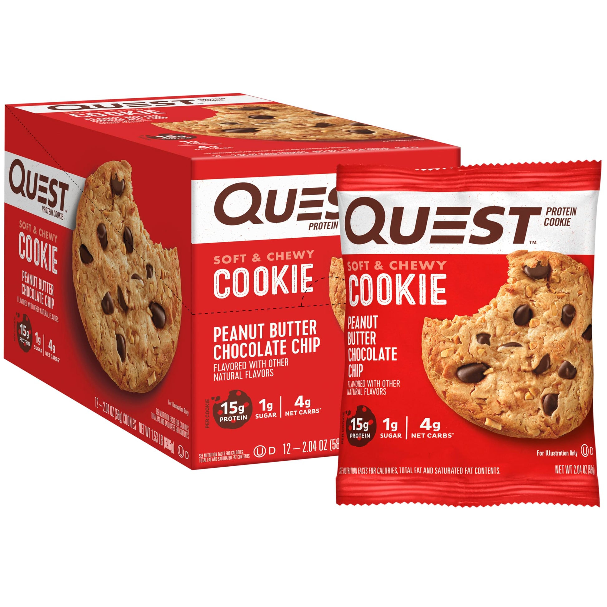 Quest Nutrition High Protein Cookie, Peanut Butter Chocolate Chip, Keto Friendly, Low Carb, 12 Count (Pack of 1), Model QPCCPB12M6