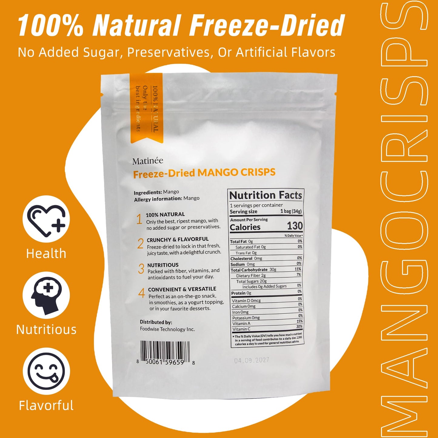 MATINÉE Freeze Dried Mangoes, Dehydrated Fruit Snack, Vegan, Non-GMO, 1.2oz (Pack of 4)