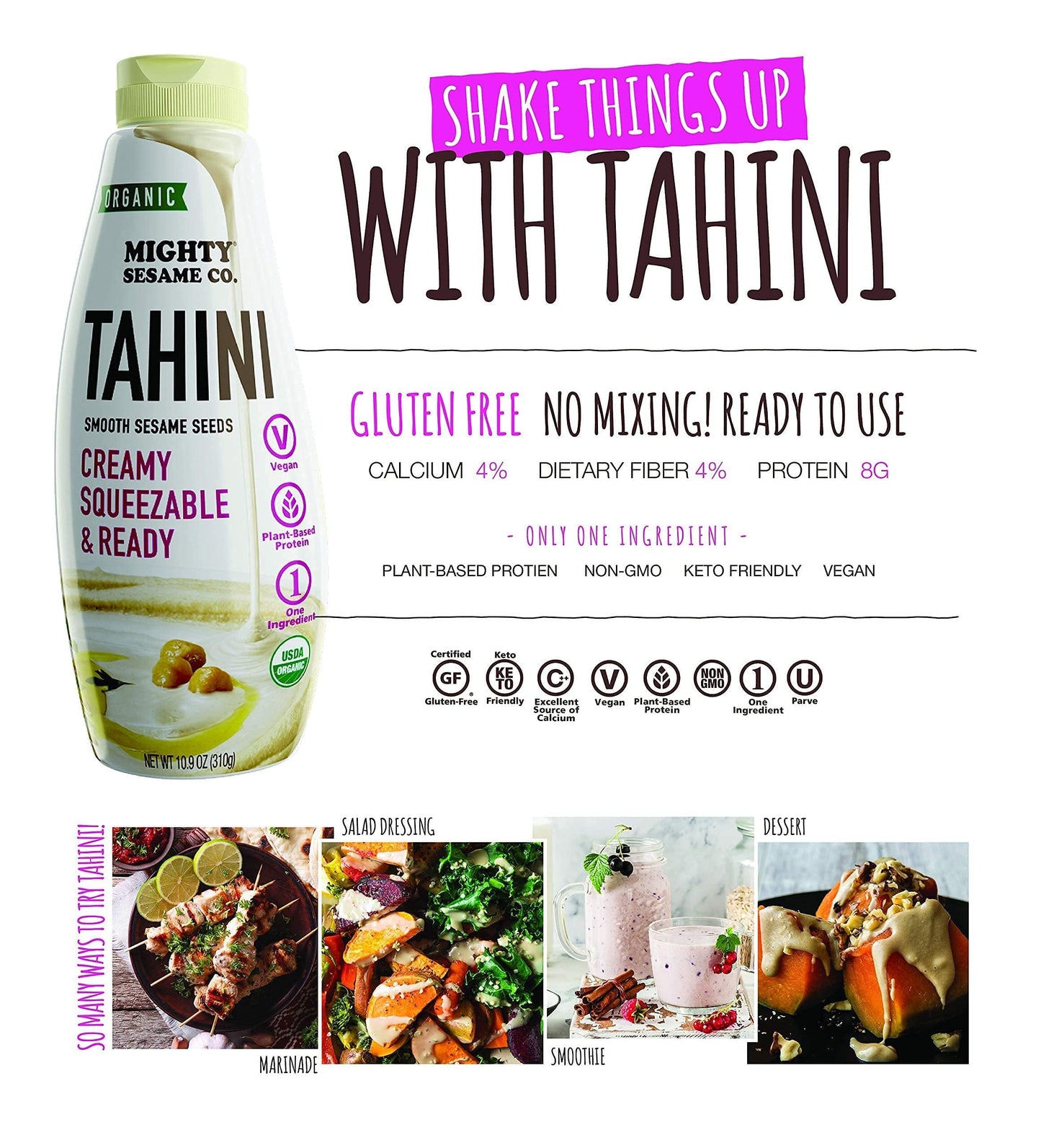 MIGHTY SESAME CO. Organic Tahini Paste, Gluten Free, Vegan, 10.9oz (2 Pack)