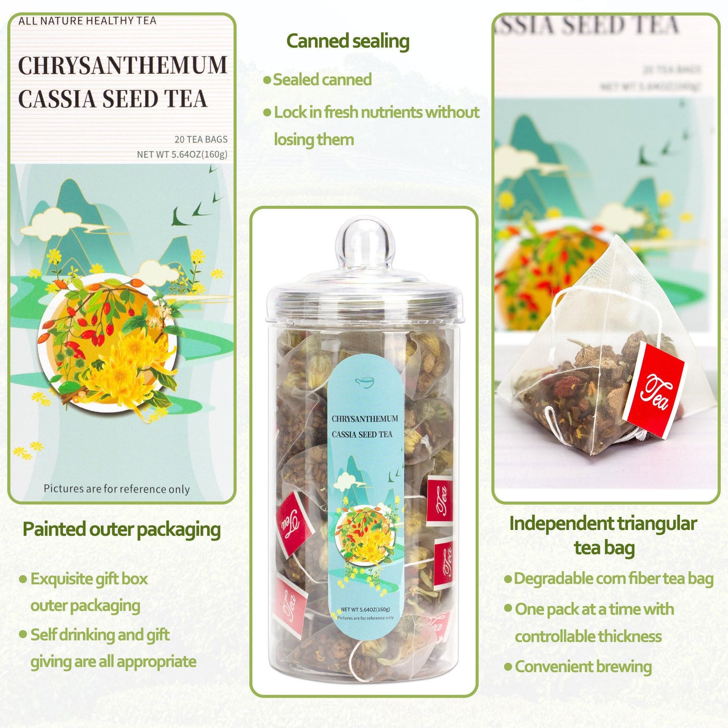 Chrysanthemum Cassia Seed Tea Bags, Chinese Eye Liver Tea, Burdock Root Wolf-Berry Honeysuckle Osmanthus Mixed Herbal Floral Tea