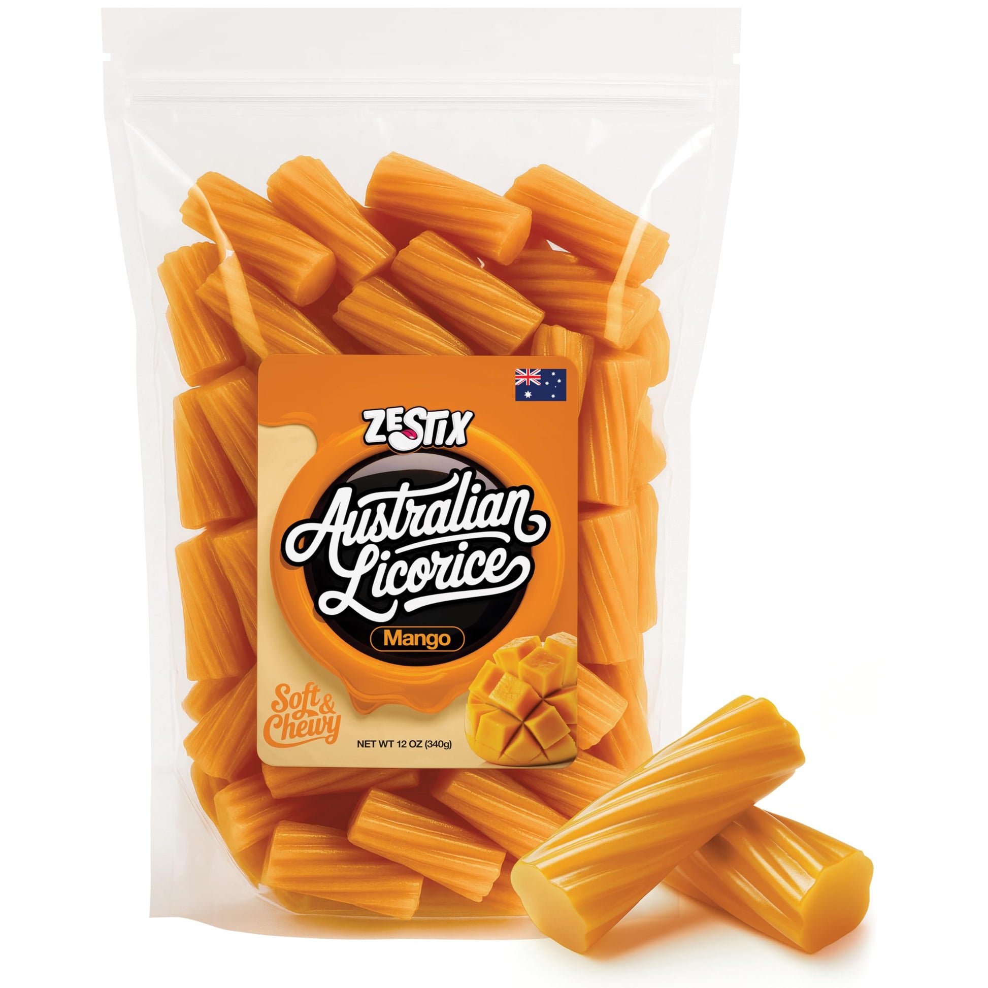 Australian Licorice Mango Flavor – Soft & Chewy Mango Licorice Candy, 12 Oz Bag – Fruit Twists For Snacking, Candy Buffets, Gift Bags & Party Favors – Zestix