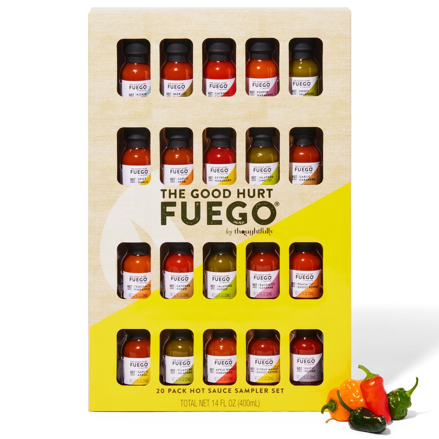 Thoughtfully Hot Sauce Gift Set, 20 Unique Flavors, Includes Garlic Herb, Bacon Cayenne, Extreme Habanero, 0.7 Fl Oz Each
