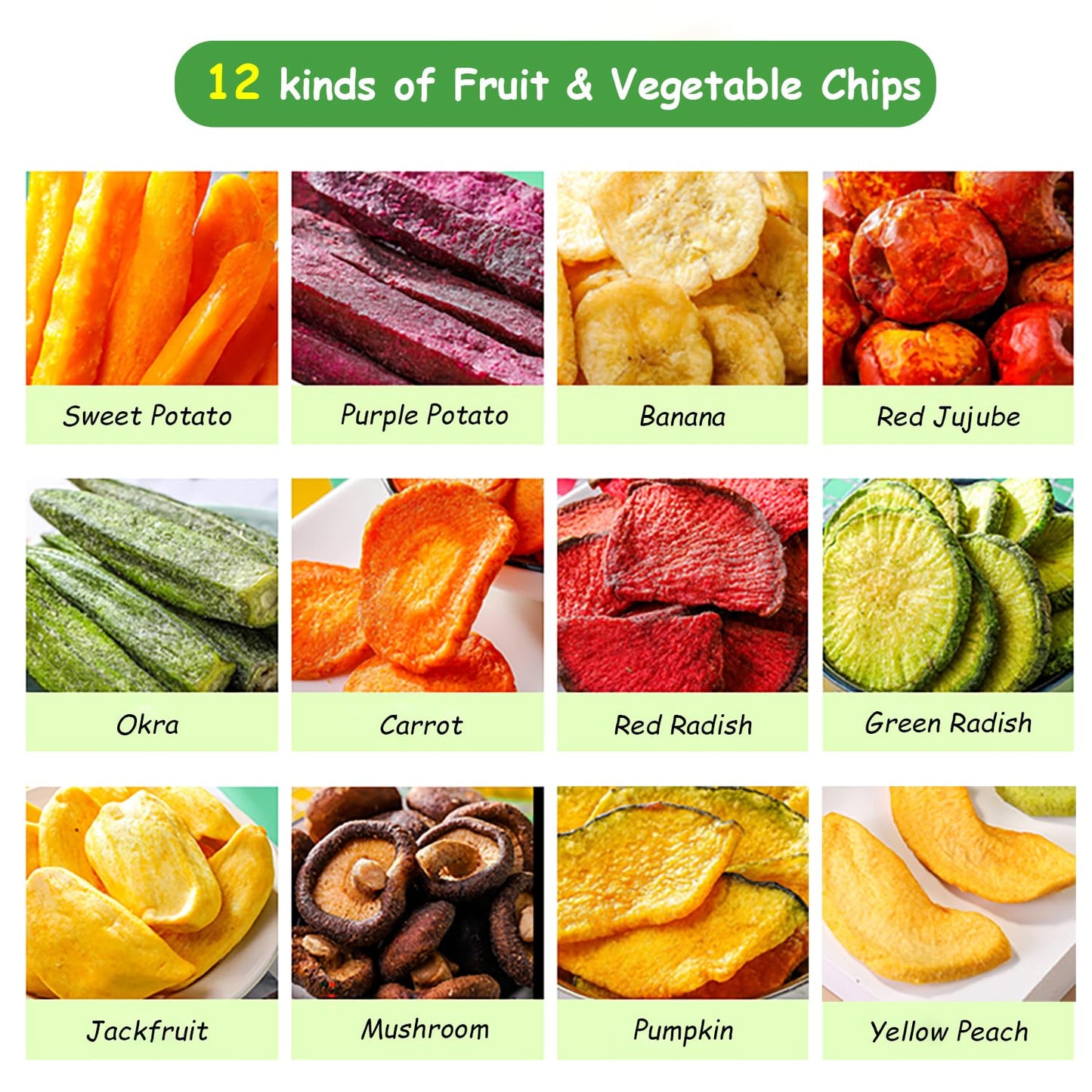 Kachikachi Freeze Dried Vegetables Snacks Fruit Chips - 8.8Oz/250G, Dry | Crispy | Refreshing | Ziplock Bag, 12 Mixed Fruits And