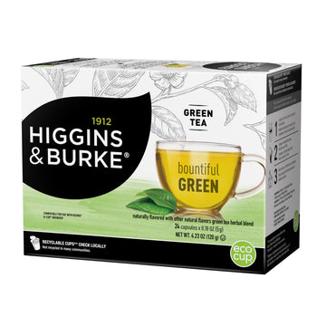 Higgins & Burke Bountiful Green, Loose Leaf, Green Tea, Keurig K-Cup Brewer Compatible Pods, 24 Count