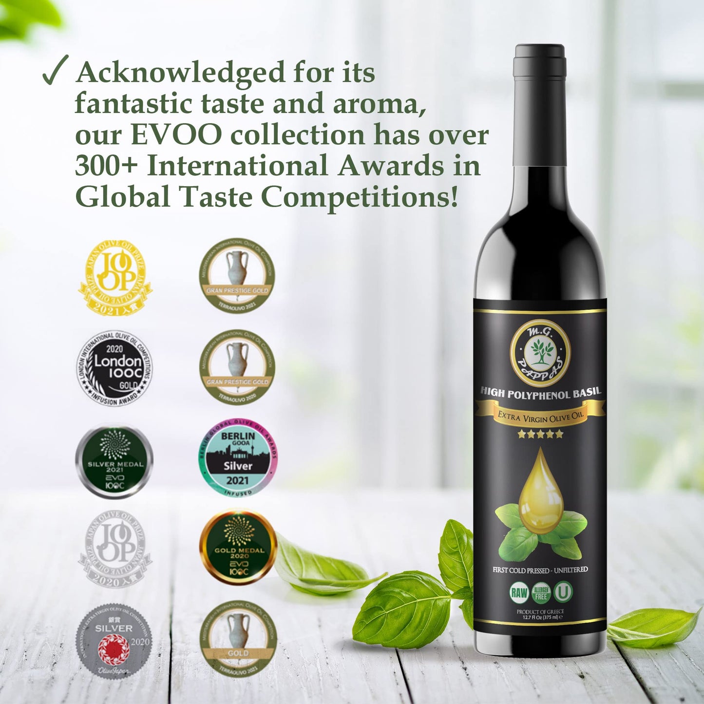 M.G. PAPPAS Extra Virgin Olive Oil, Basil-Infused, Cold Pressed, 12.7 Fl Oz