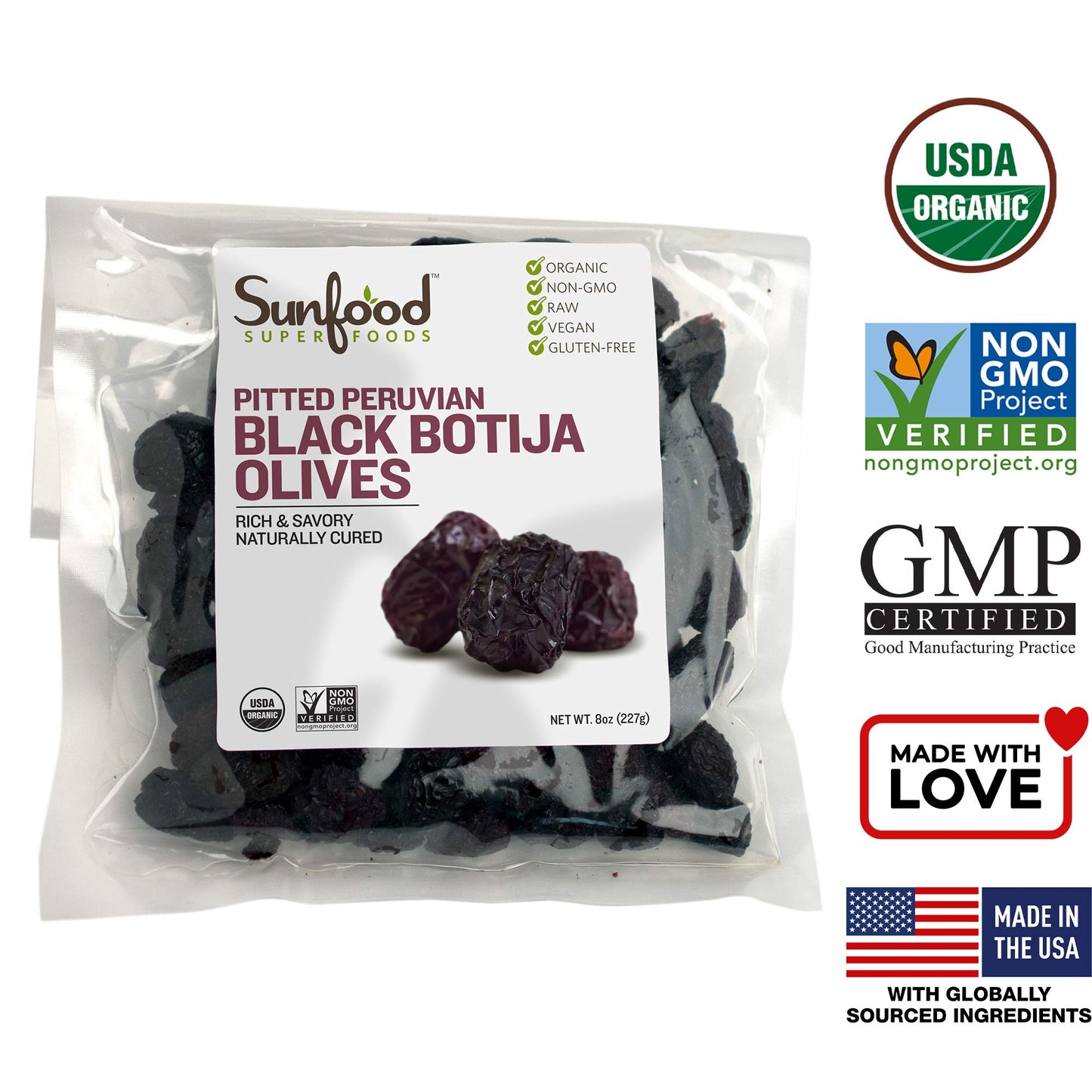 Sunfood Olives, Black Botija, Pitted, 8 Ounces, Organic, Raw