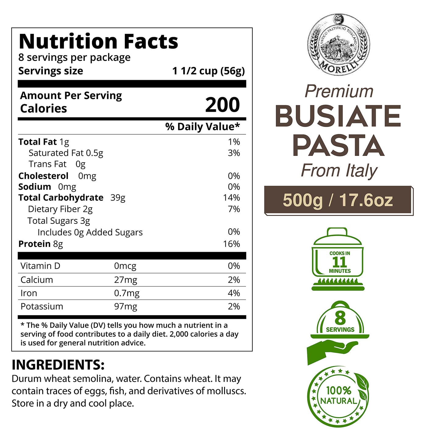Morelli Spiral Pasta - Organic Premium Durum Wheat Semolina Italian Pasta From Italy - Protein-Rich, Ancient Grains, All Natural