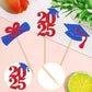 ZHUOWEISM 24 PCS Graduation Cupcake Toppers Glitter Paper Picks Blue Red for Class of 2025 Party Decorations
