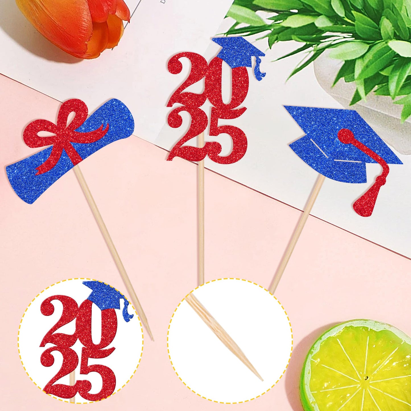 ZHUOWEISM 24 PCS Graduation Cupcake Toppers Glitter Paper Picks Blue Red for Class of 2025 Party Decorations