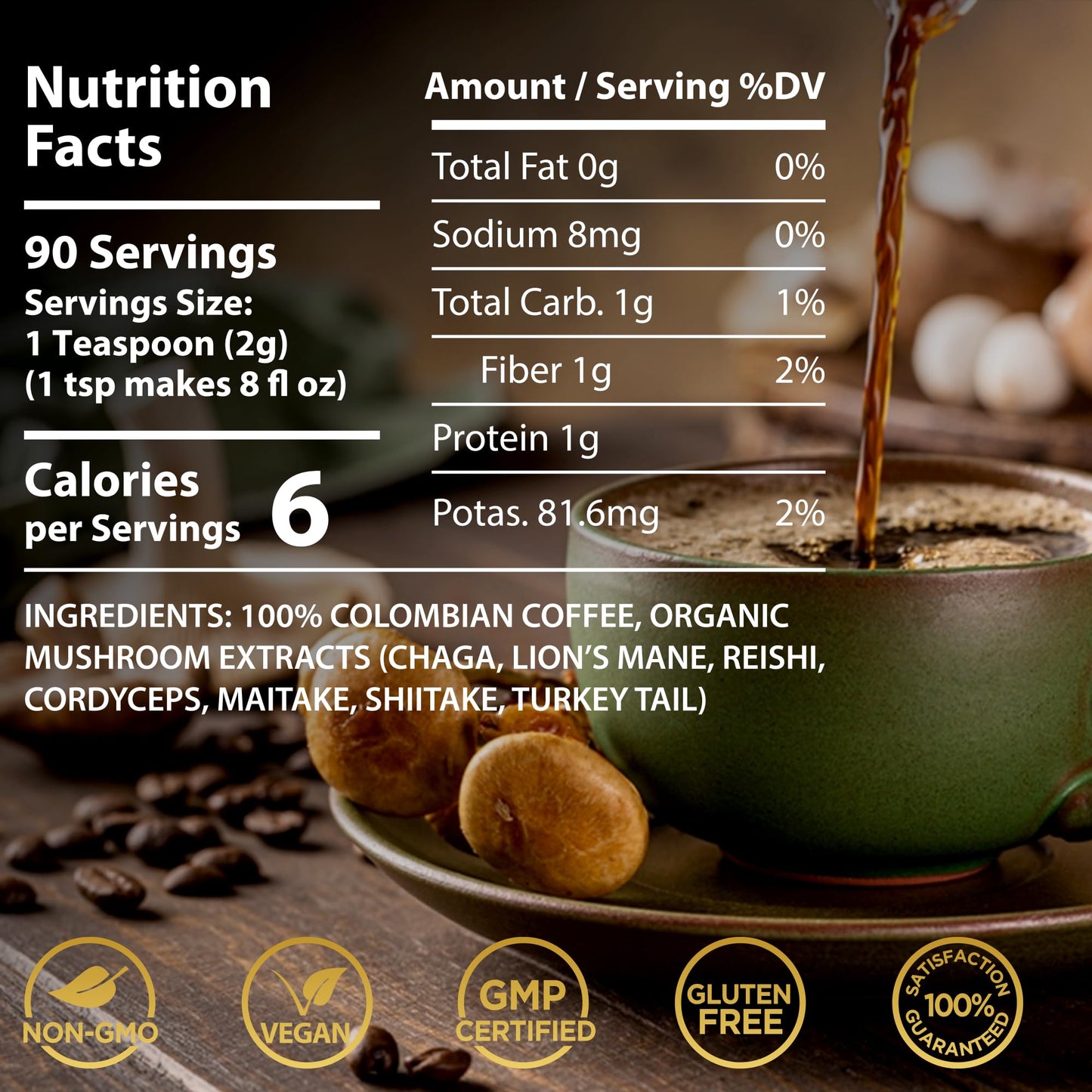 Mushroom Coffee, Organic Mushrooms Instant Coffee, Great Tasting Columbian Coffee, Organic Keto Coffee, 7 Superfood Mushrooms Li
