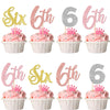 24 PCS Six Cupcake Toppers Glitter Six 6th Birthday Cupcake Picks Number 6 Six Cake Picks for Baby Shower Kids 6th Birthday Anni