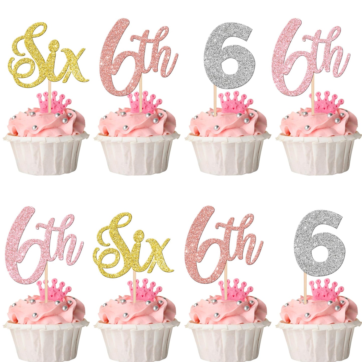 24 PCS Six Cupcake Toppers Glitter Six 6th Birthday Cupcake Picks Number 6 Six Cake Picks for Baby Shower Kids 6th Birthday Anni
