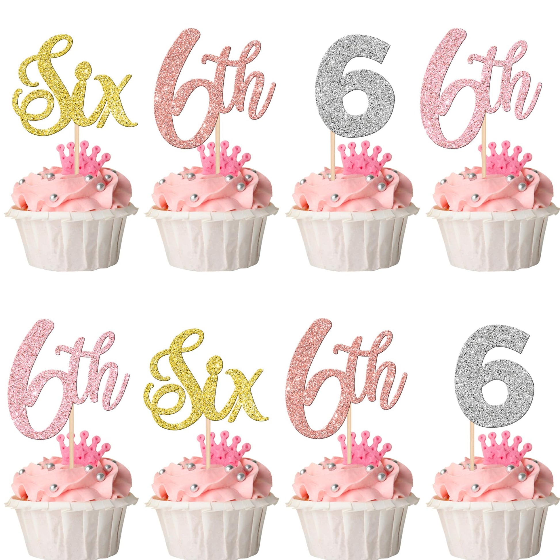 24 PCS Six Cupcake Toppers Glitter Six 6th Birthday Cupcake Picks Number 6 Six Cake Picks for Baby Shower Kids 6th Birthday Anni