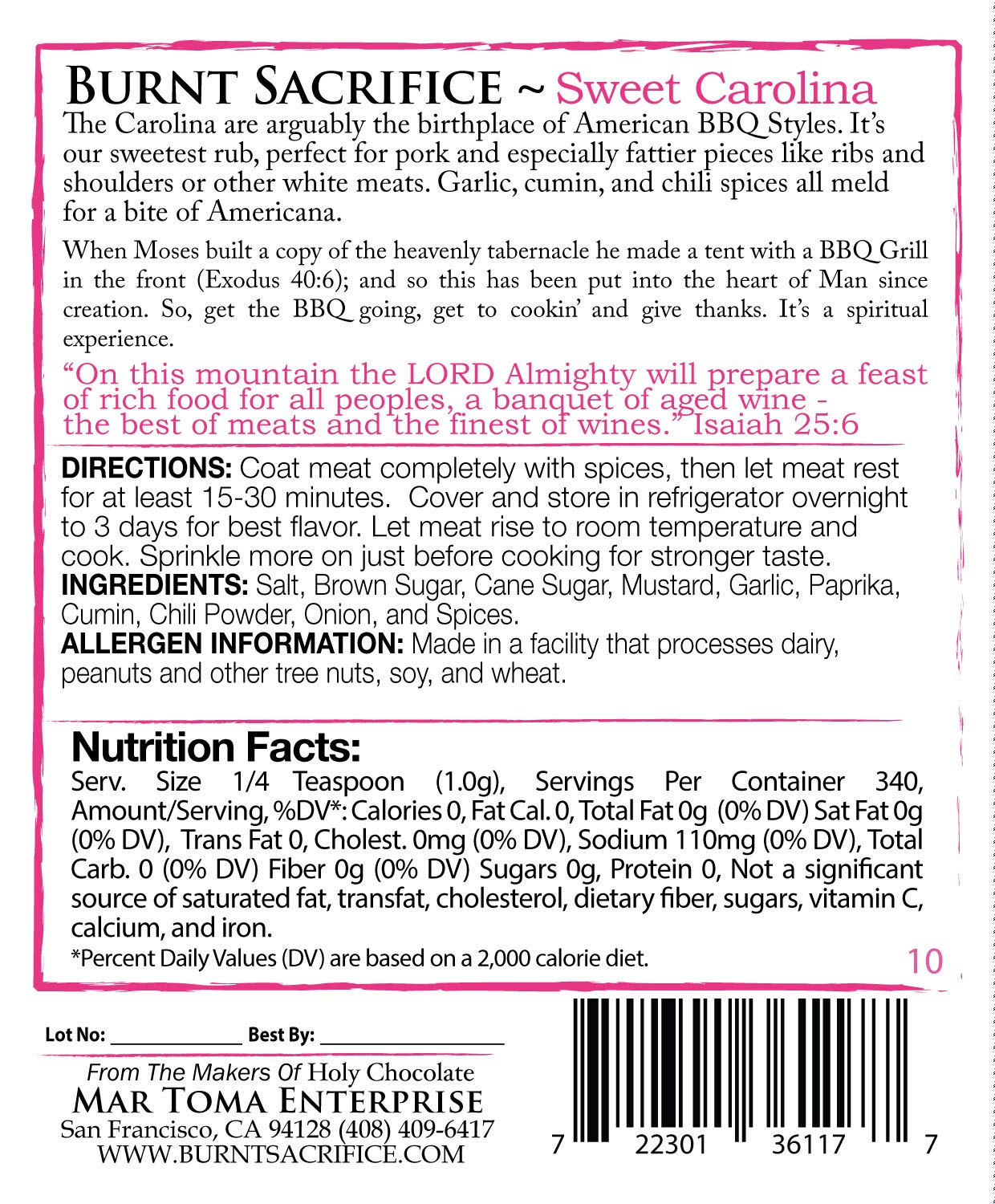 Burnt Sacrifice Sweet Carolina Style Gourmet Bbq Spice Dry Rub Seasonings (10 Ounce Bag Makes Over 20 Pounds) Pork Ribs Chops Ch
