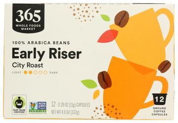 365 by Whole Foods Market Coffee Pods, Early Riser City Roast, 12 Count, 4.6 Ounce - Perfect for Morning Brew