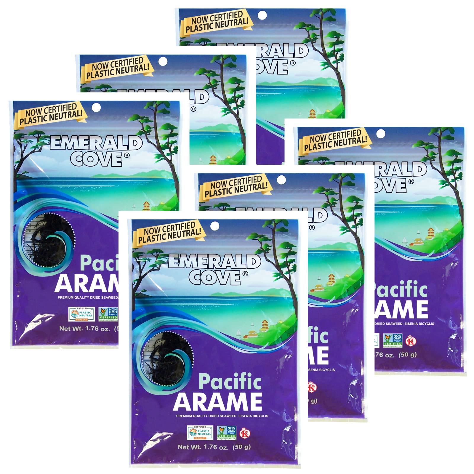 Emerald Cove Pacific Arame, Dried Seaweed, Non-GMO, Resealable Bag, 1.76 oz (6 pk)