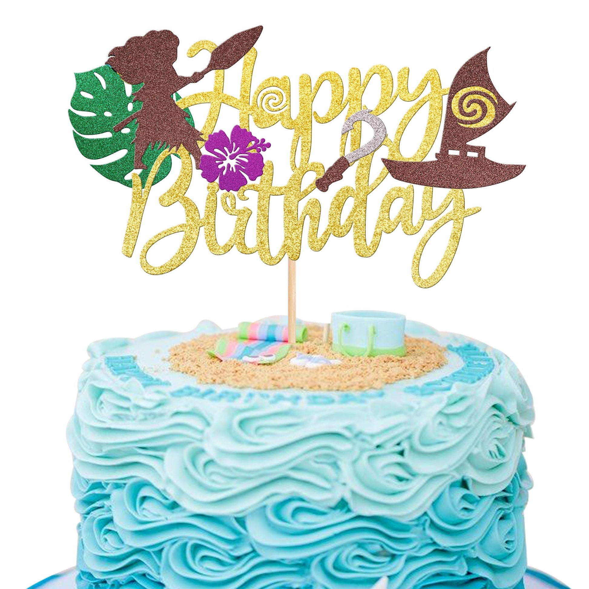 1 PCS Moana Happy Birthday Cake Topper Glitter Palm Leaf Flower Moana Cake Pick Tropical Hawaiian Luau Theme Cake Decorations fo