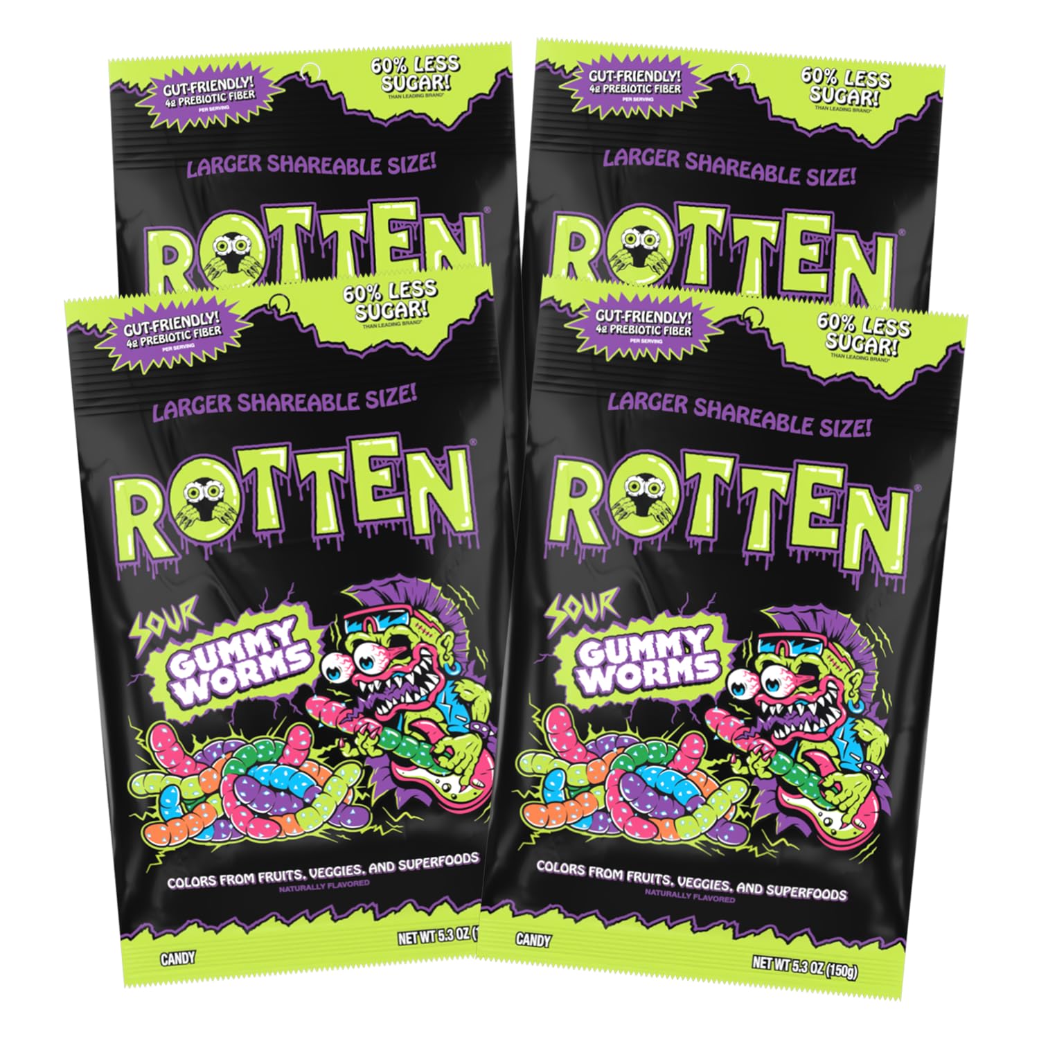 Rotten Sour Gummy Worms - Low Sugar, Low Calorie, 7G Gut-Friendly Prebiotic Fiber And 3G Protein, Gluten Free Candy - 5.3 Oz Share Pack [4 Pack]