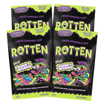 Rotten Sour Gummy Worms - Low Sugar, Low Calorie, 7G Gut-Friendly Prebiotic Fiber And 3G Protein, Gluten Free Candy - 5.3 Oz Share Pack [4 Pack]