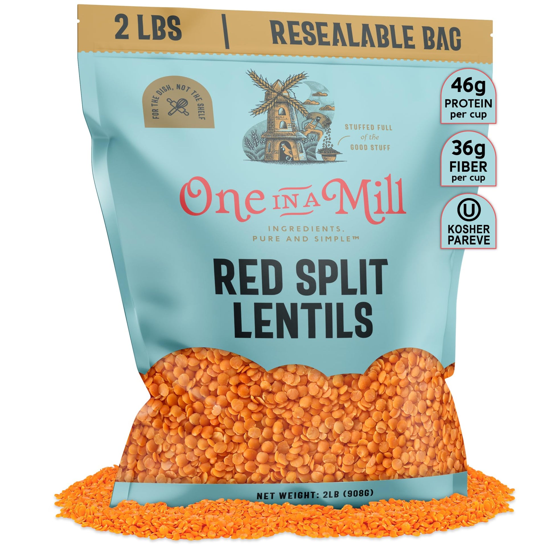 ONE IN A MILL Split Red Lentils 2LB Resealable Bag | For Soup, Stews, & Curries | All-Natural Plant-Based Protein | OU Kosher