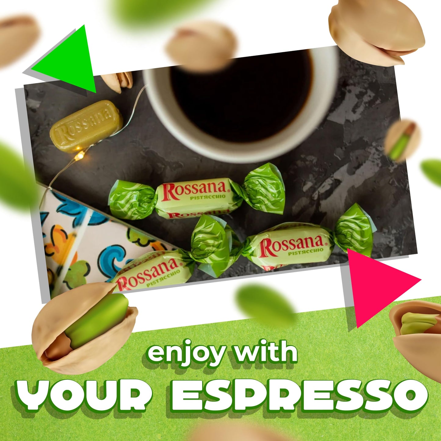 Fida Rossana Pistachio Hard Candy | 1 Pound Bag - About 75 Count | Individually Wrapped Rossana Italian Candy | Rich Pistachio Cream Center | Filled Gourmet Treat