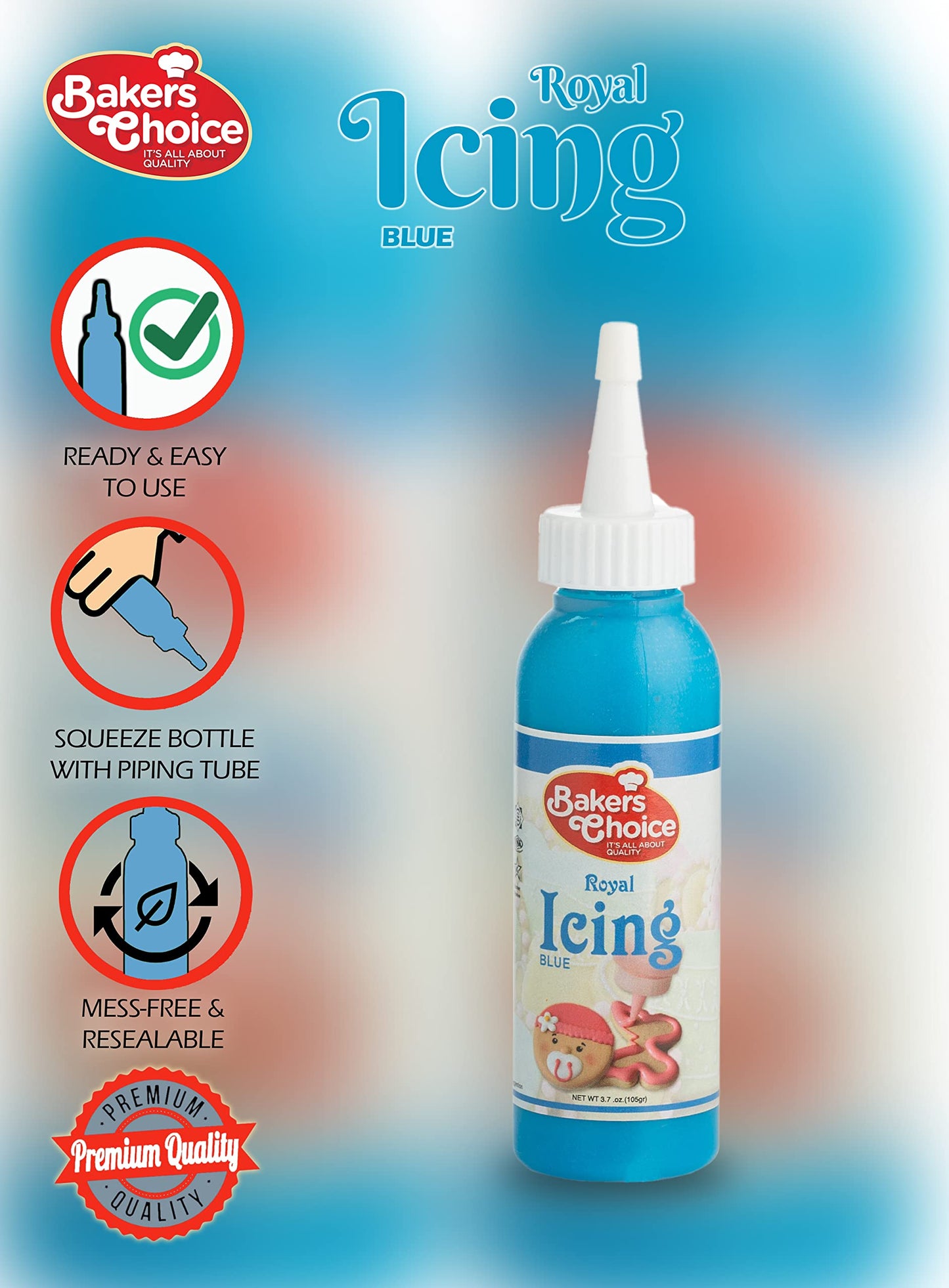 Bakers Choice Blue Cookie Icing - Ready to Use Royal Icing Squeeze Bottles - 3.7 oz. for Cookies, Cakes, Cupcakes and