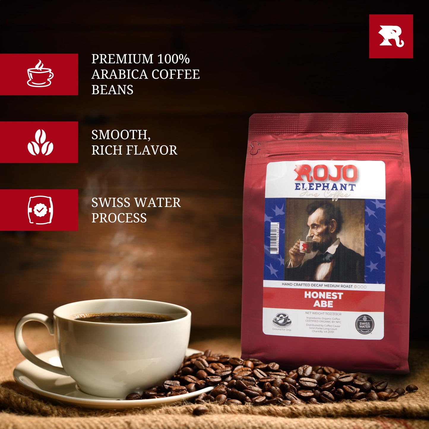 Rojo Elephant Honest Abe Handcrafted Decaf Ground Coffee, Single-Origin 100% Arabica Beans, Premium Roast, Smooth, Rich Flavor,
