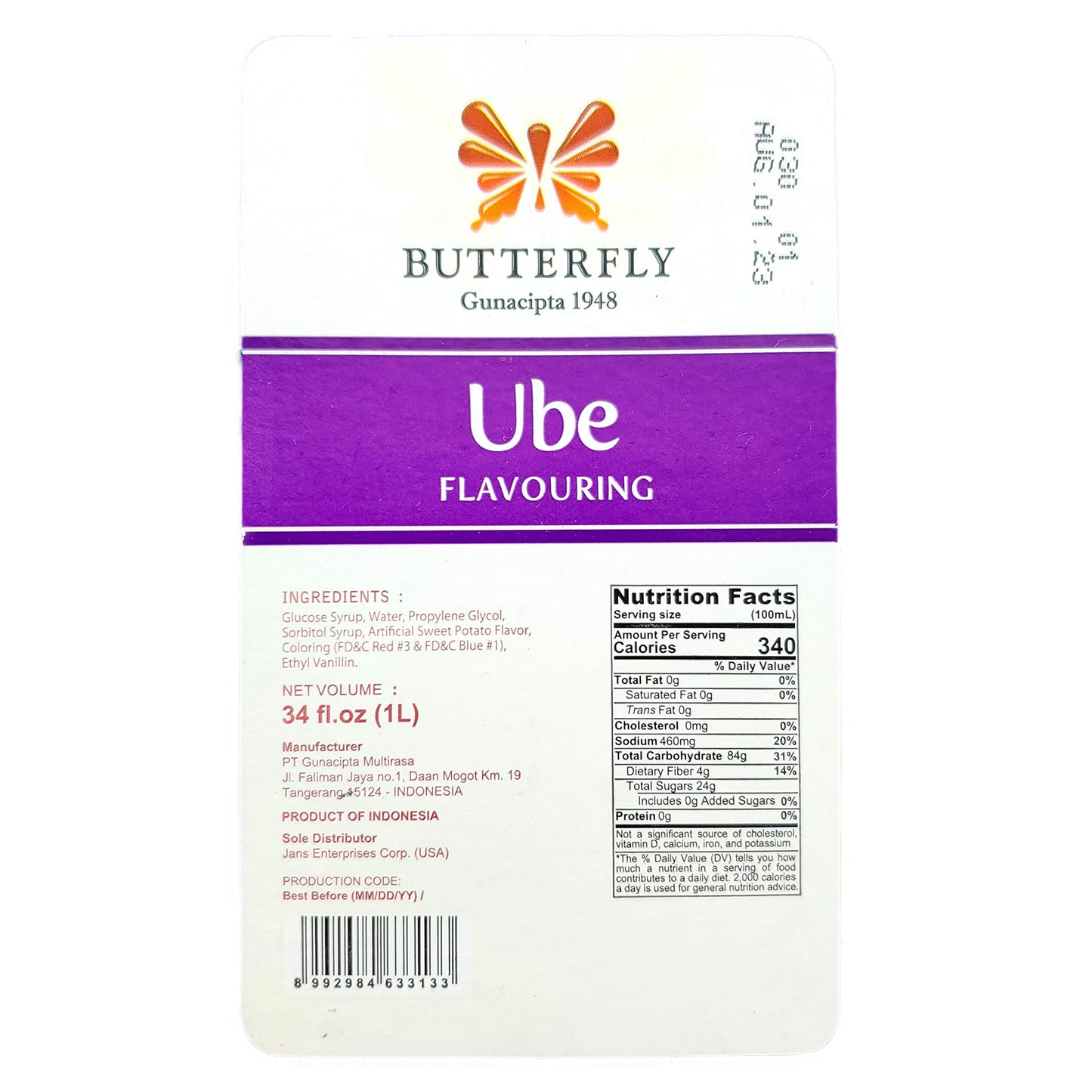 Ube Purple Yam Flavoring Extract Restaurant Size By Butterfly 1 Liter, 34 Fl. Ounce