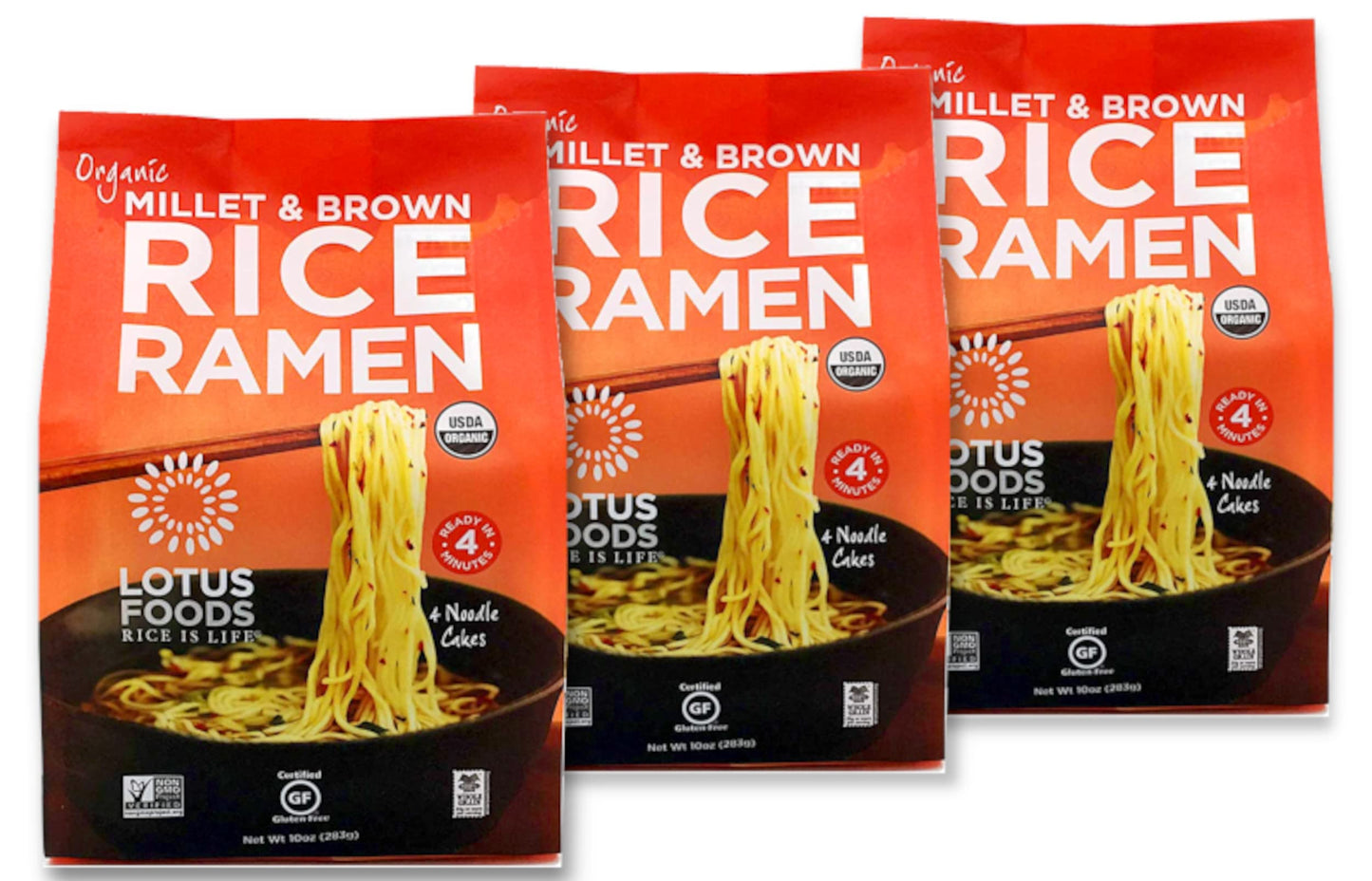 Lotus Foods Organic Millet & Brown Rice Ramen - Gluten Free Ramen Noodles, Whole Grain Ramen Noodles, Organic Vegan Ramen, Low Sodium Rice Noodles, Organic, Gluten-Free, Vegan - 10 Oz Bags (Pack Of 3)
