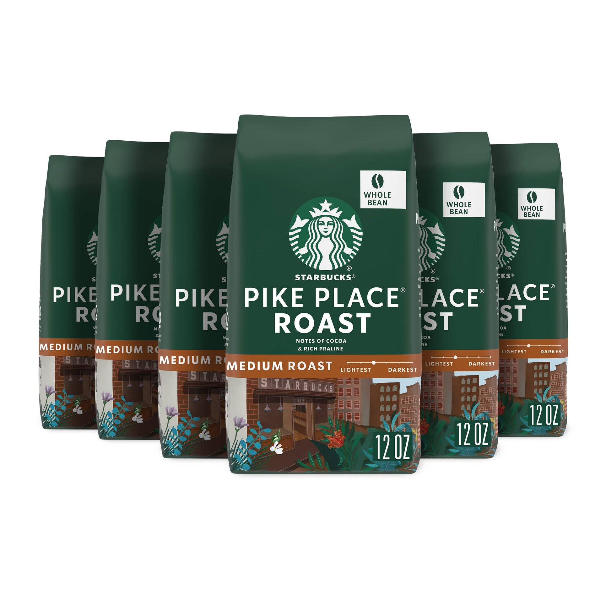 Starbucks Whole Bean Coffee, Medium Roast, 100% Arabica, 12 oz Bags, Pack of 6, Pike Place Roast
