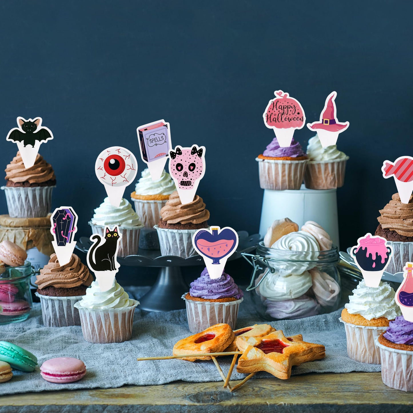 Ercadio 24 Pack Pink Halloween Cupcake Toppers Halloween Witch Hat Cat Skull Bat Cupcake Picks Pink Ghost Halloween Cupcake Topp