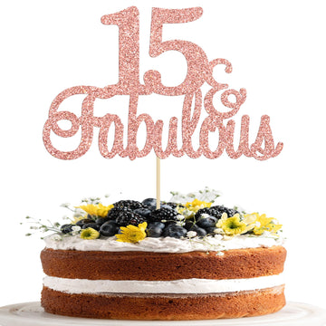 Gyufise 1Pc 15 & Fabulous Cake Topper Rose Gold Glitter Fifteen And Fabulous Cake Toppers Happy 15Th Birthday Cake Pick For 15Th