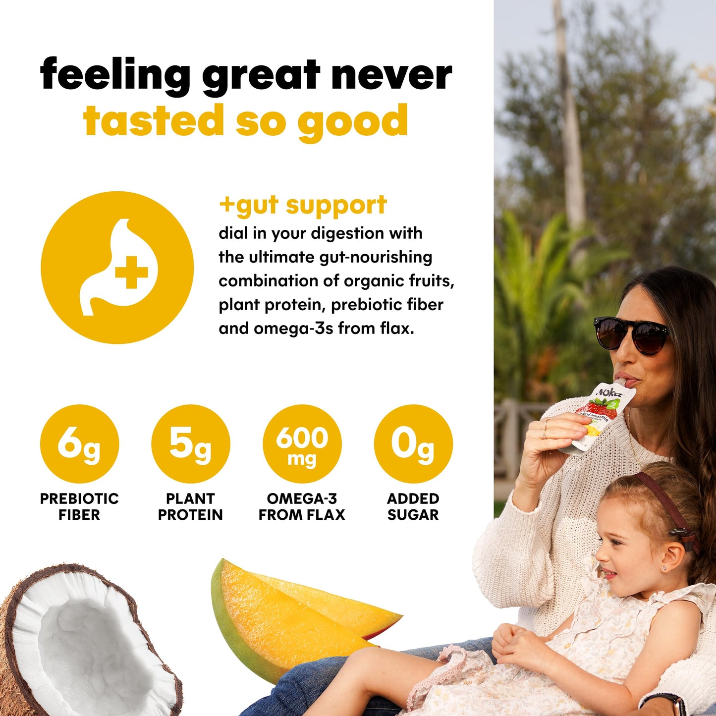 Noka Superfood Fruit Smoothie Pouches, Mango Coconut, Healthy Snacks with Flax Seed, Plant Protein and Prebiotic Fiber, Vegan an