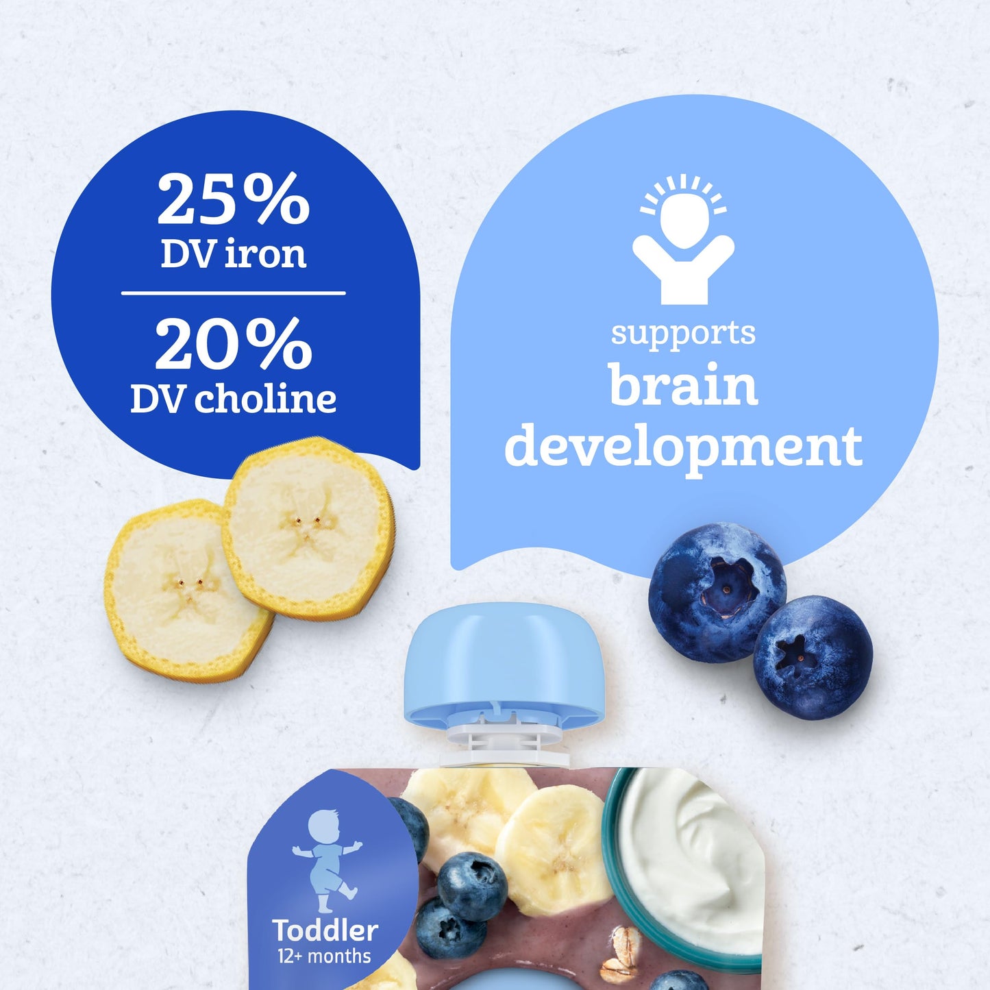 Gerber Toddler Food, Banana Blueberry, Fruit Puree, Yogurt & Whole Grains Pouches, Iron & Choline Helps Support Brain Developmen