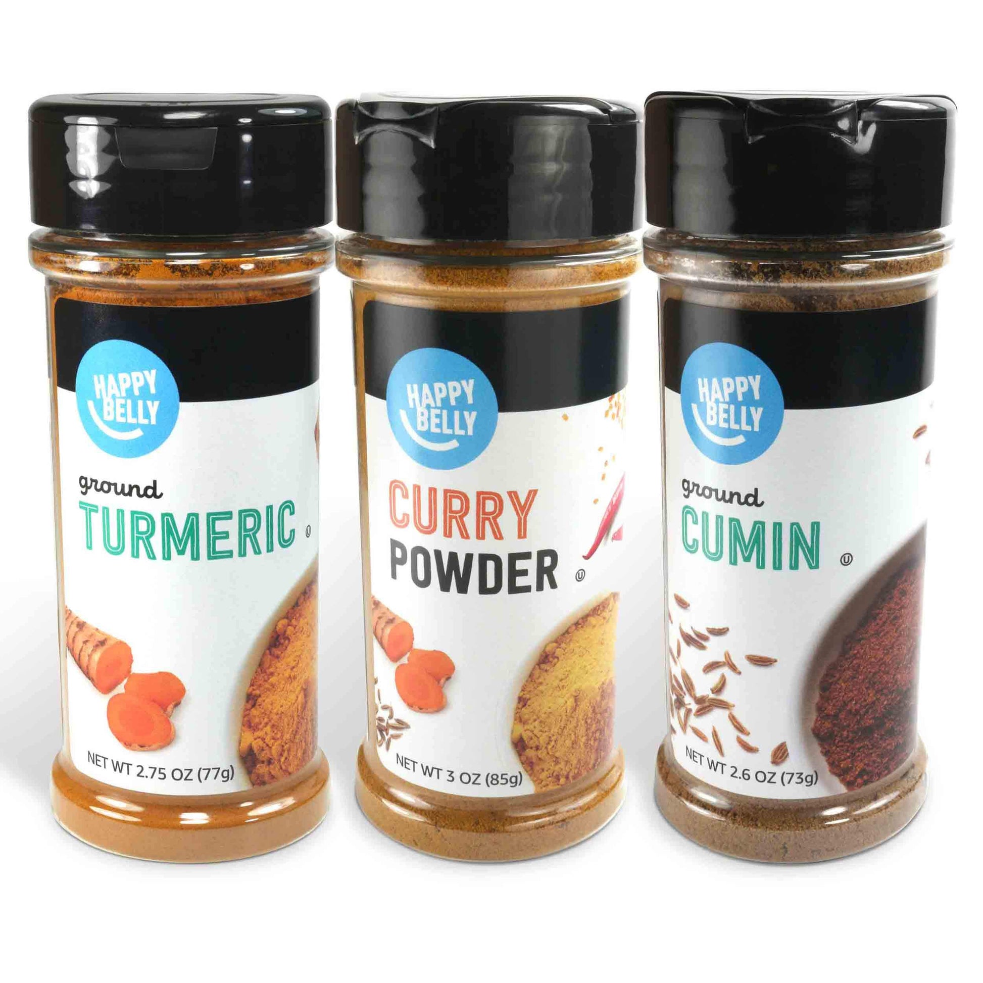 Amazon Brand Happy Belly Indian Spices Set - Turmeric, Cumin, Curry Powder - 3 Piece Set