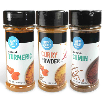 Amazon Brand Happy Belly Indian Spices Set - Turmeric, Cumin, Curry Powder - 3 Piece Set