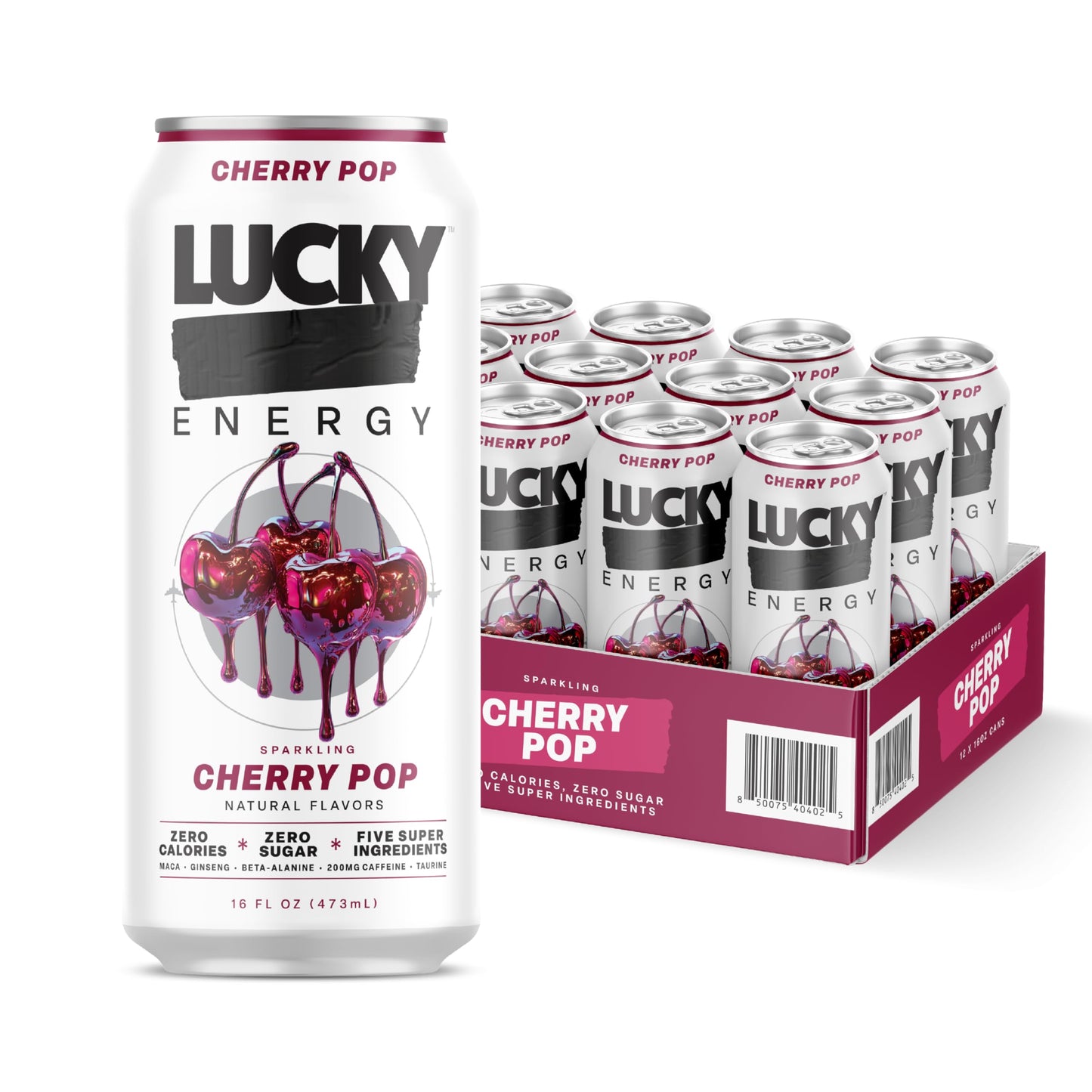 Lucky Energy Sugar Free Energy Drinks  Cherry Pop  16oz Cans (12-Pack) Healthy  Zero Sugar Energy Drink with Maca  Ginseng  Beta-Alanine  Taurine & 200mg Caffeine