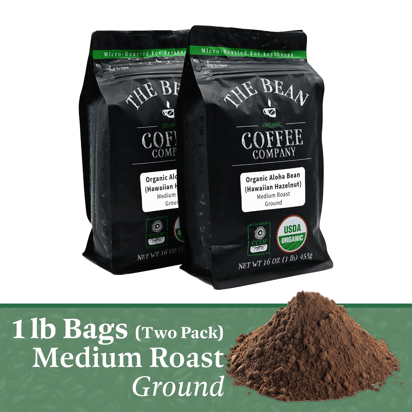 The Bean Organic Coffee Company Aloha Bean (Hawaiian Hazelnut), Medium Roast, Ground Coffee, 16-Ounce Bags (Pack Of 2),Café Molido Tostado Organico