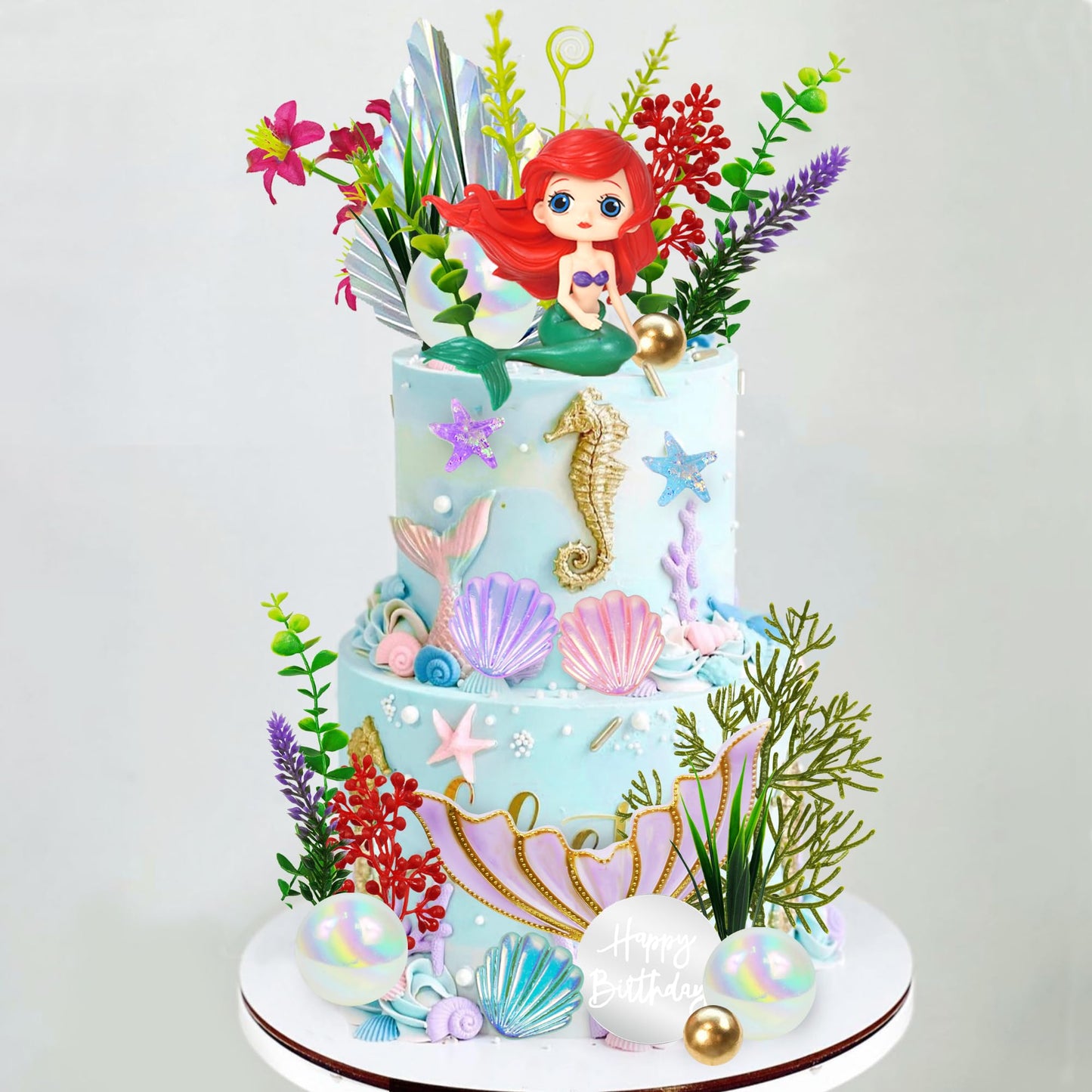 Mermaid Cake Toppers Under The Sea Mermaid Tail Cake Decorations Artificial Water Plants With Pearl Ball For Girl Kid Birthday P