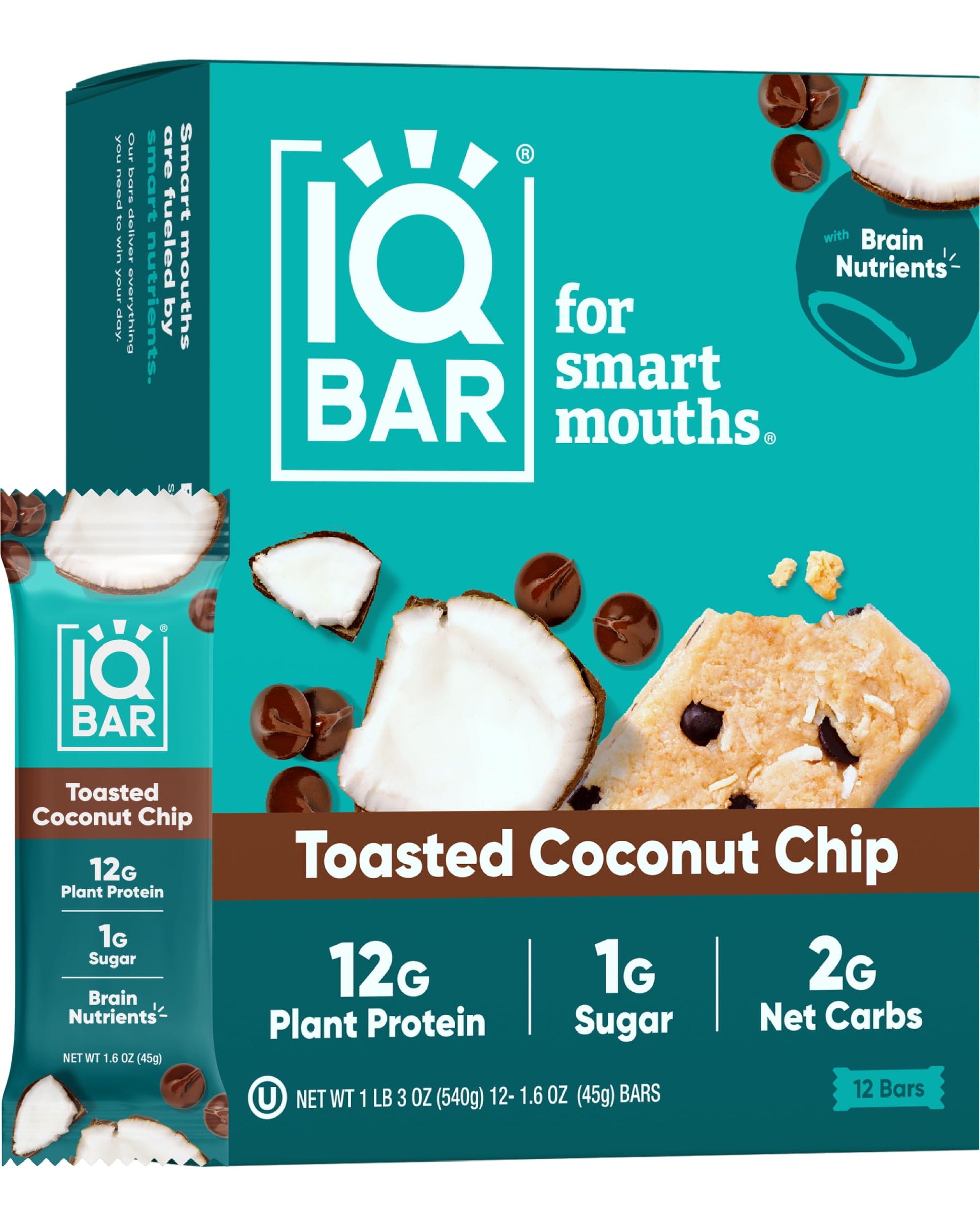 IQBAR Brain and Body Plant Protein Bars - Toasted Coconut Chip - 12-Count Low Carb - Gluten Free, High Fiber, Vegan Snacks - Low