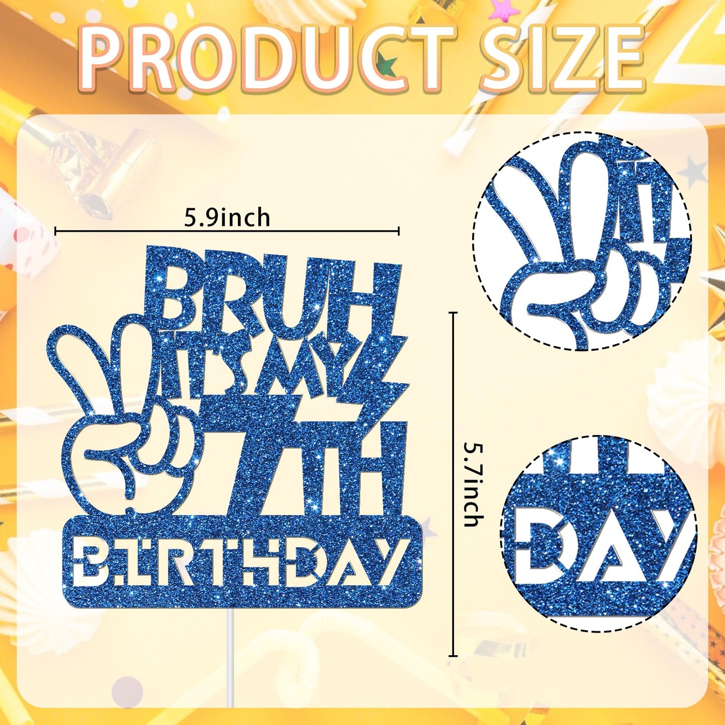 Embhhor Bruh It'S My 7Th Birthday Cake Topper, Ddue Bro I'M 7, Kid Boys Happy 7Th Birthday Party Cake Decorations, Blue Glitter
