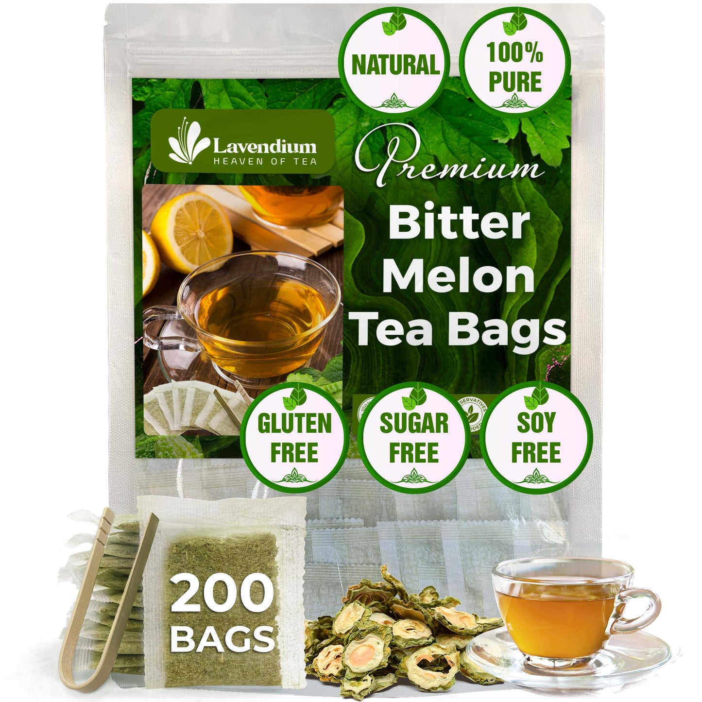 Lavendium Bitter Melon Fruit Herbal Tea, 100% Natural, Sugar Free, Caffeine Free, Vegan, 200 Tea Bags