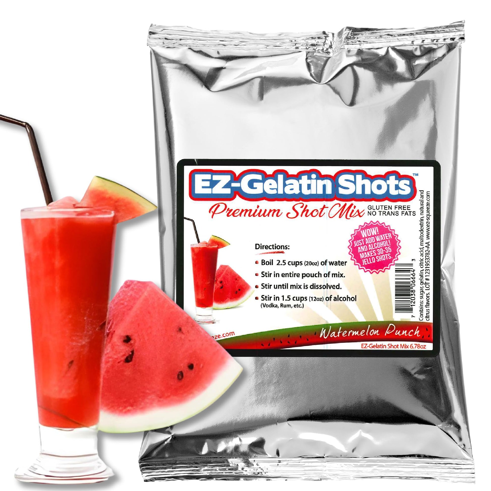 EZ-SQUEEZE Watermelon Punch Jello Shot Mix - Gluten-Free Gelatin Powder, 6.78 oz, Red, Easy to Make for Parties