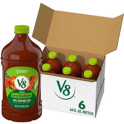 V8 Low Sodium Original 100% Vegetable Juice, 64 fl oz Bottle (6 Pack)
