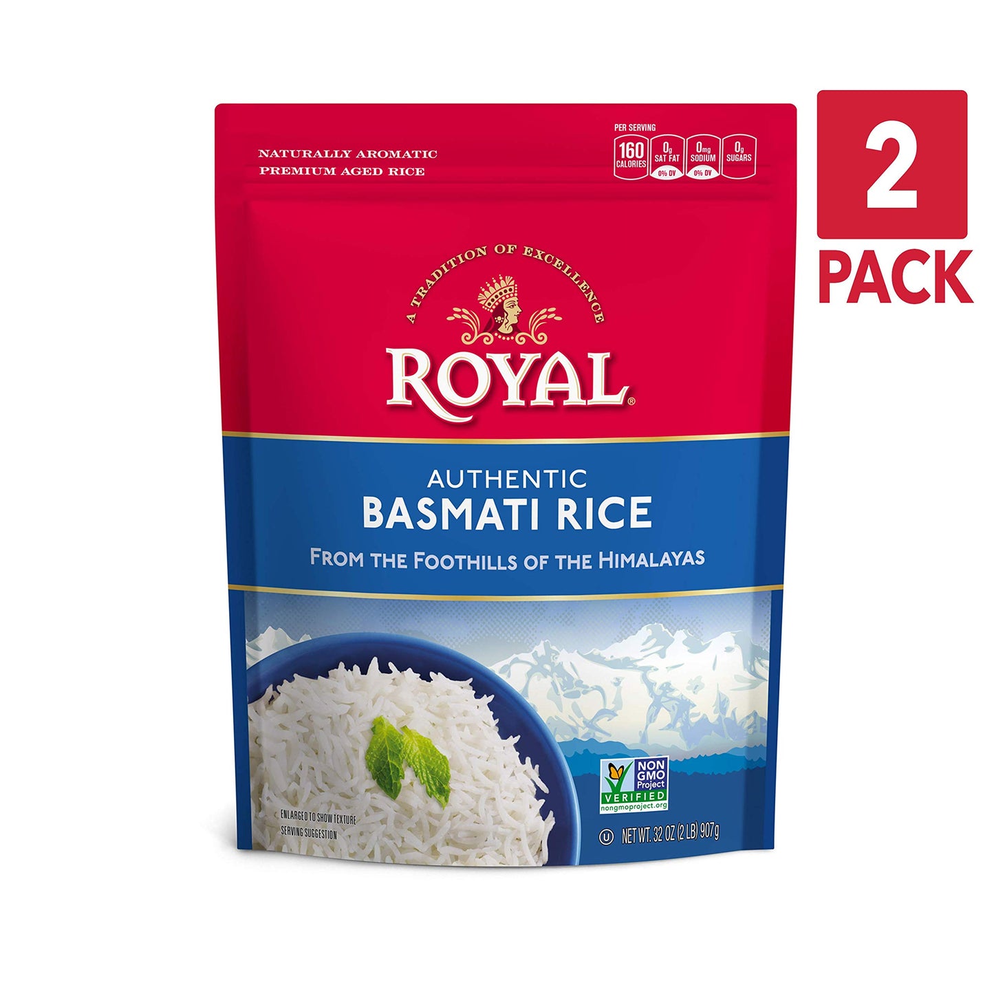Royal Basmati Rice - Authentic Long Grain White Basmati Rice - 2lb (2 Bags)