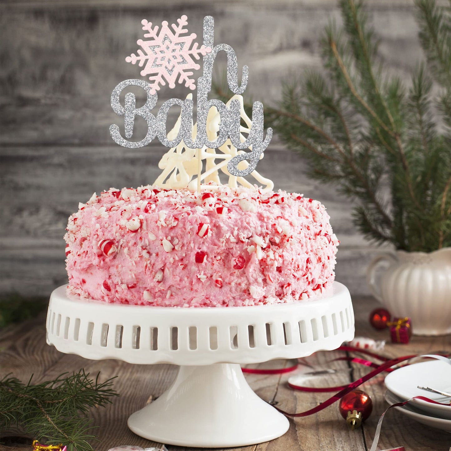 Gyufise 1 Pack Oh Baby Snowflake Cake Topper Winter Baby Shower Boy Girl Silver Pink Glittery Decorations For Wonderland Christm