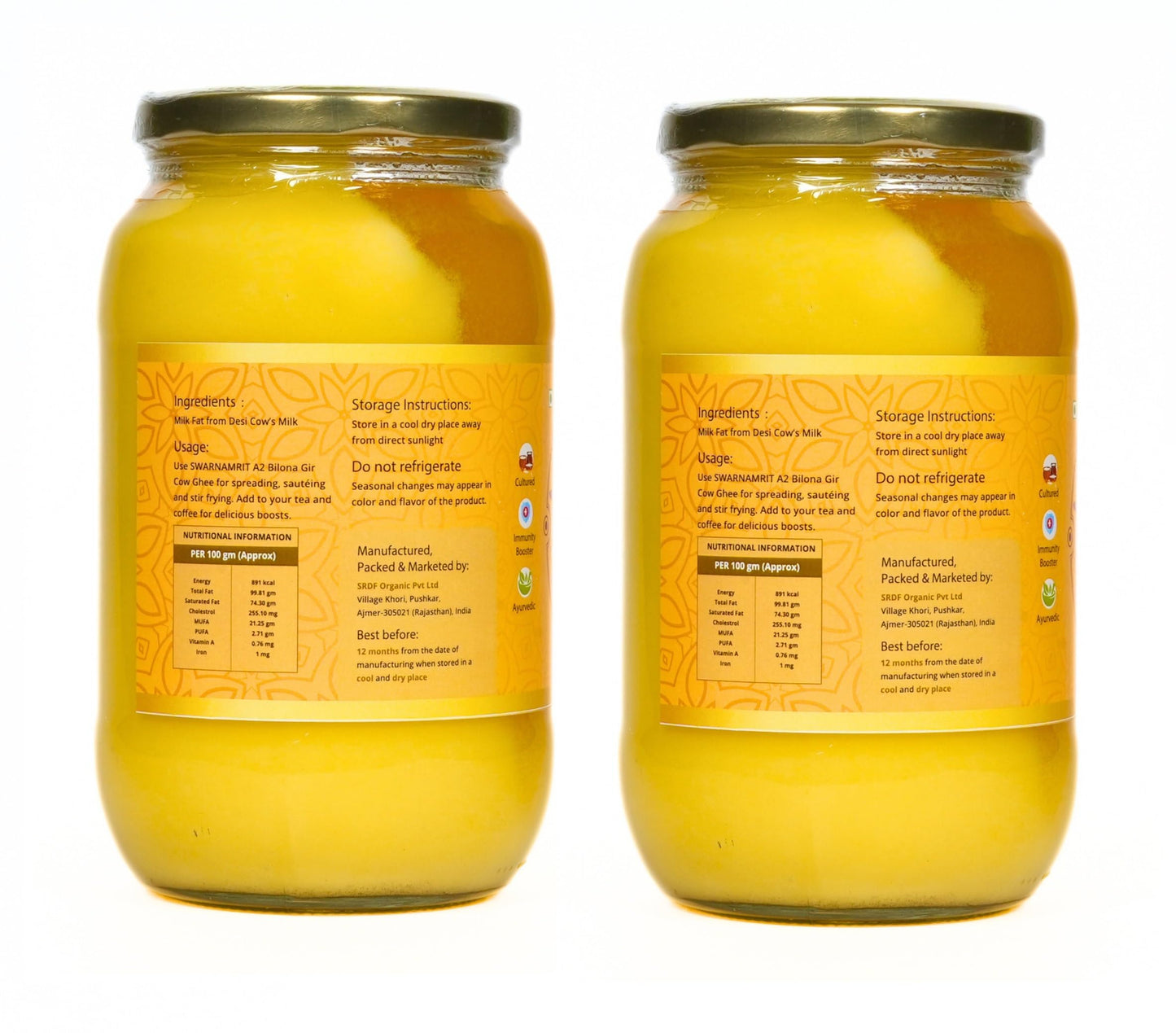 Swarnamrit A2 Desi Gir Cow Ghee Vedic Bilona Method Glass Jar Packaging (1 Litre X 2)
