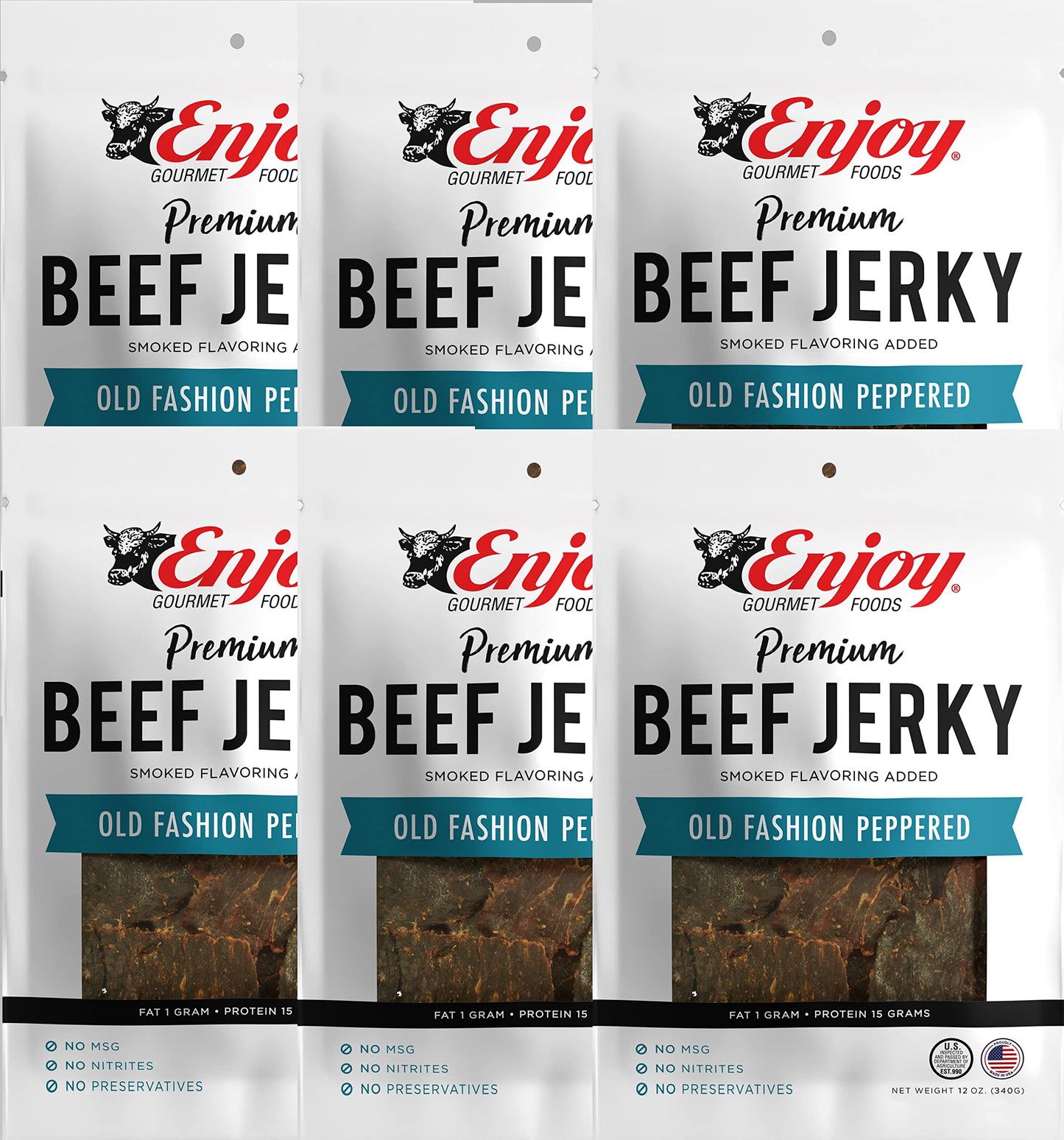 Enjoy Beef Jerky Old Fashion Peppered | 12 Oz (Pack Of 6) | Traditional Style | Usa Made | High Protein | Low Fat | Zero Trans F